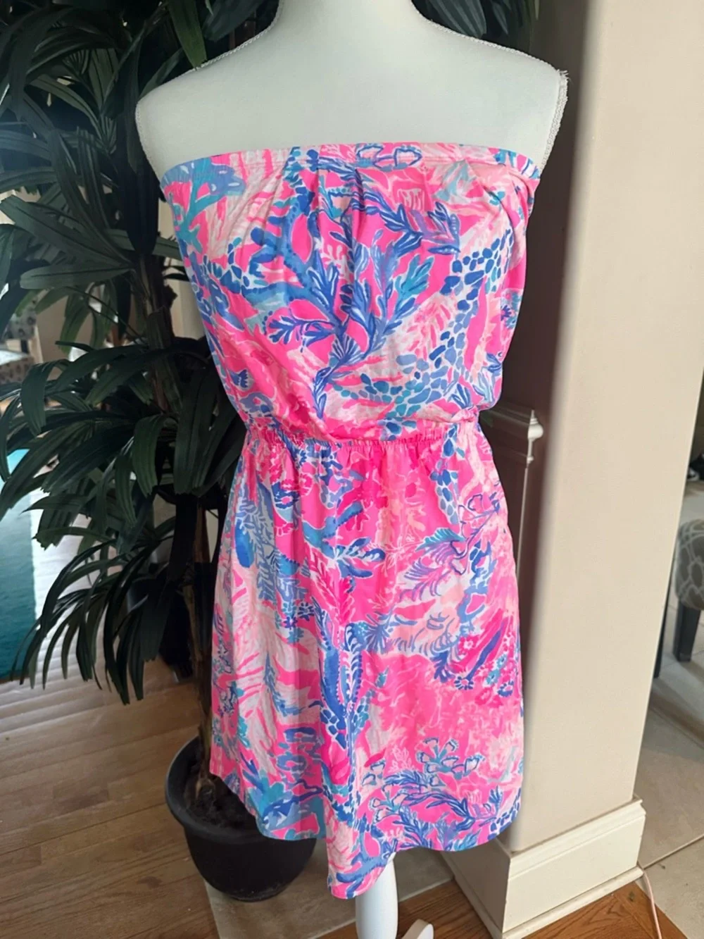 💙💕Lilly Pulitzer Pink Blue Strapless Light Paschs Aquadesiac Print Dress S💙💕 - Picture 2 of 11